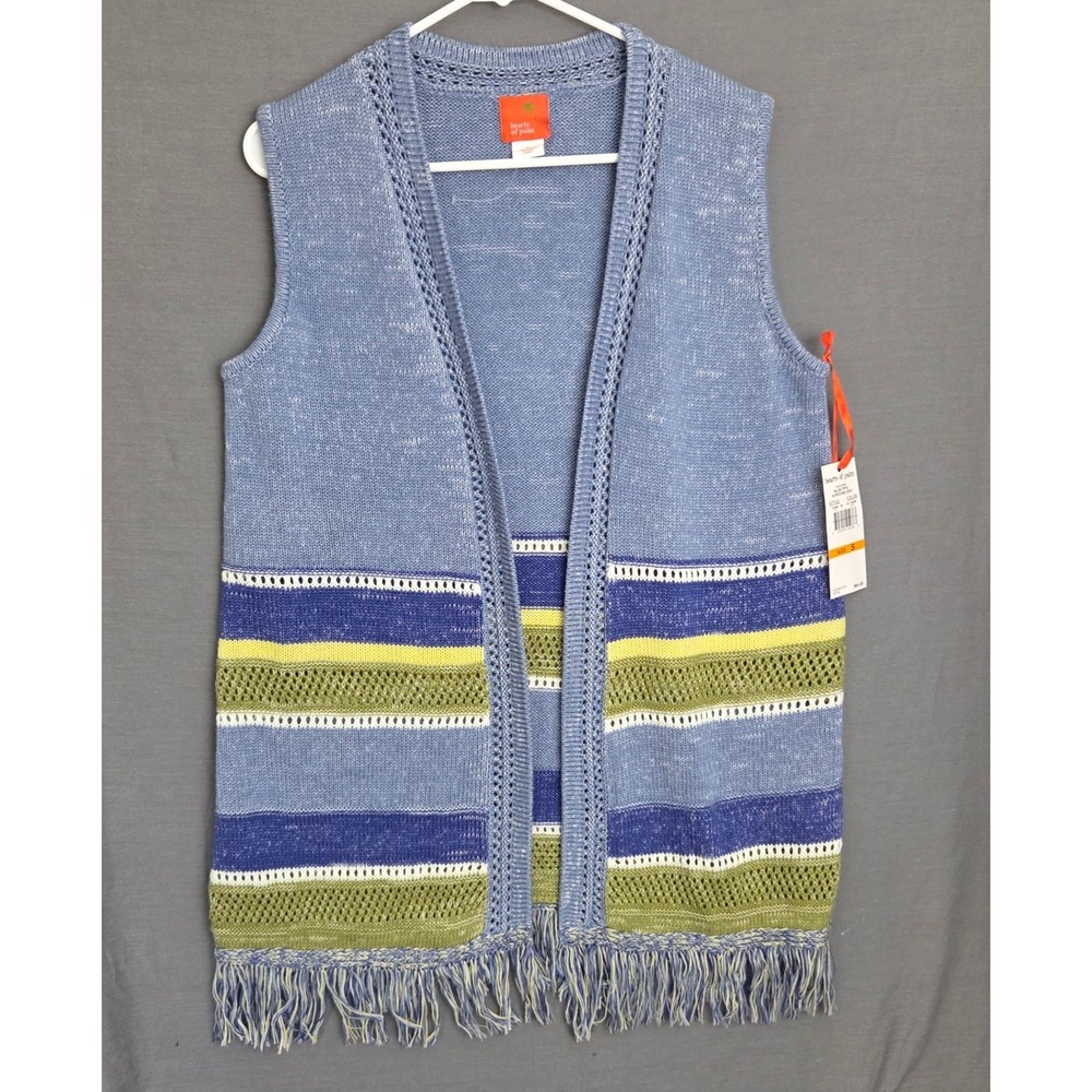 Hearts of Palm Blue Striped Fringe Knit Vest Open Front Cardigan Small NWT